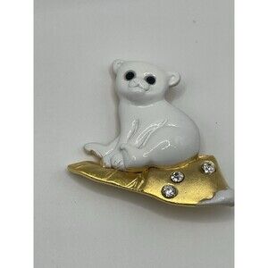 Vintage Polar Bear Danecraft Brooch Pin Rhinestone Gold Tone White Enamel
